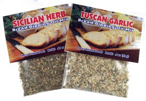 Sicilian Herb and Tuscan Garlic bread dipping oil mix packets with dried seasoning blends for Italian bread appetizer and gourmet cooking.
