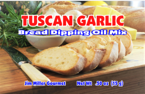 Tuscan Garlic Bread Dipping Oil Mix package with sliced artisan bread, olive oil herbs, and garlic seasoning on a wooden board.