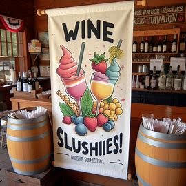 Colorful “Wine Slushies” banner featuring fruity frozen wine drinks and grapes inside a rustic winery tasting room, perfect for summer beverage promotions.
