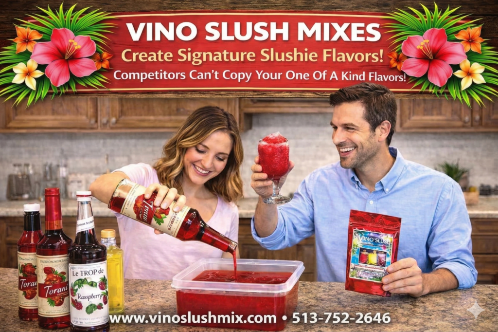 Vino Slush Mixes banner showing a couple making raspberry wine slushies with cocktail mix packets and bottles in a kitchen.