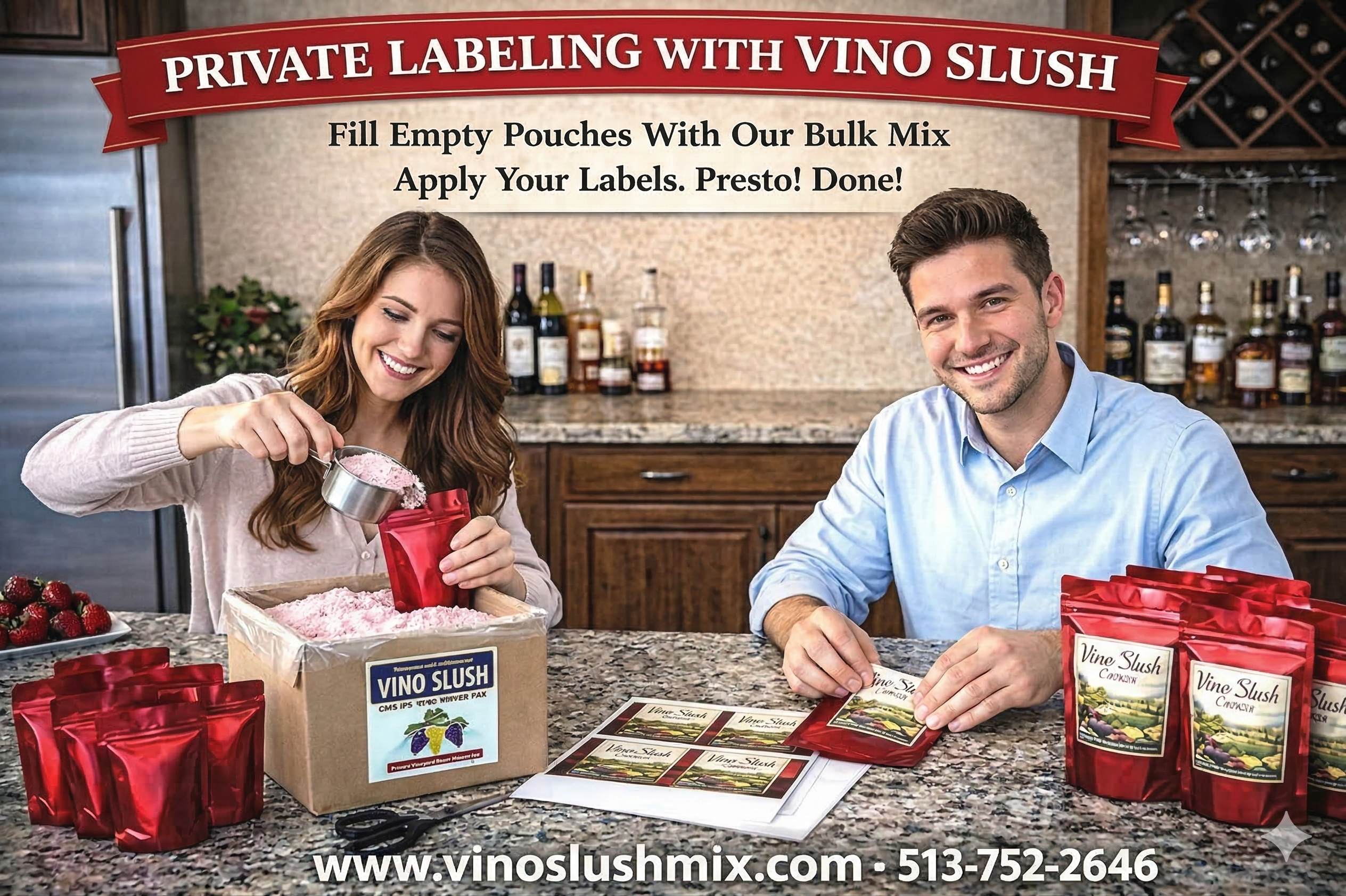 Private label wine slush mix packaging with Vino Slush bulk mixes, custom labels, and ready-to-sell frozen cocktail products for small businesses.