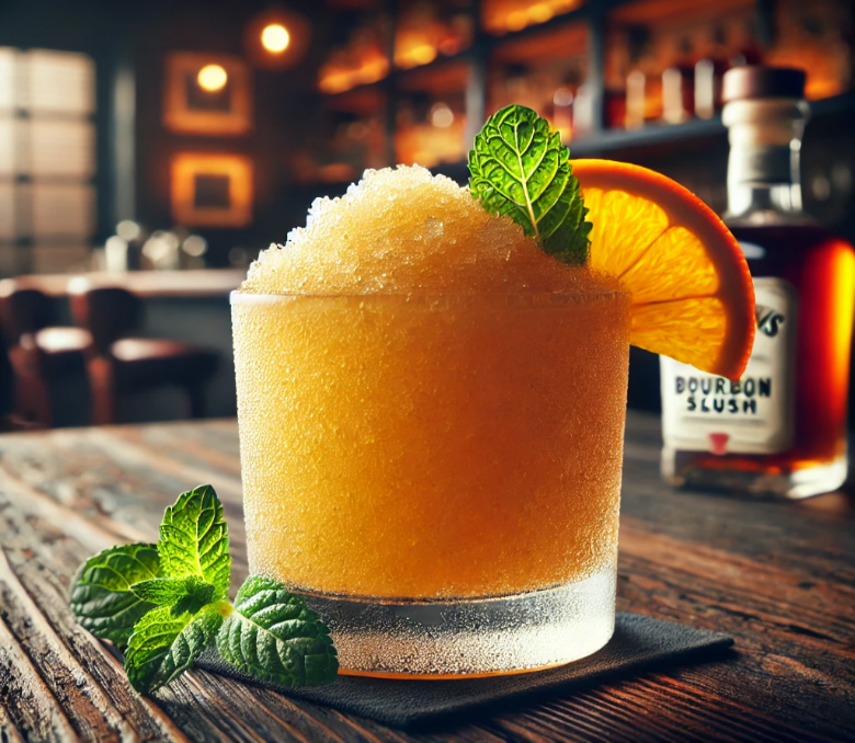 Refreshing bourbon slush cocktail with orange garnish and mint served in a frosty glass, perfect for summer cocktails and whiskey drink lovers.