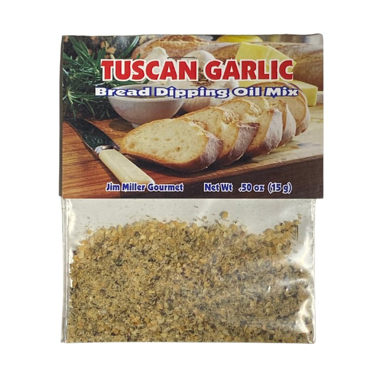 Tuscan garlic bread dipping oil mix seasoning packet with artisan bread slices, herbs, and savory Italian spice blend.