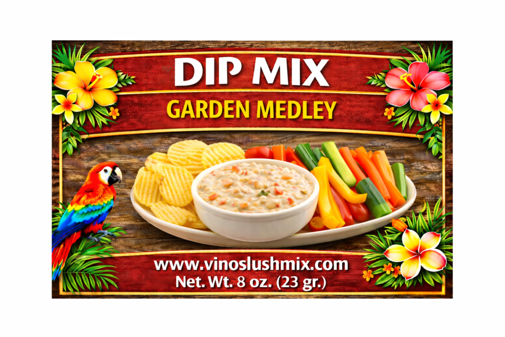 Label for a dip mix with a name of a flavor called Garden Medley to be mixed with sour cream and mayo