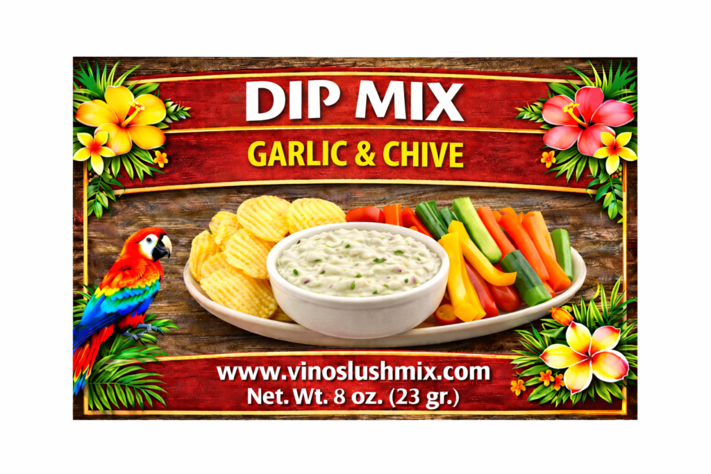 Label for a dip mix with a name of a flavor called Garlic & Chive to be mixed with sour cream and mayo