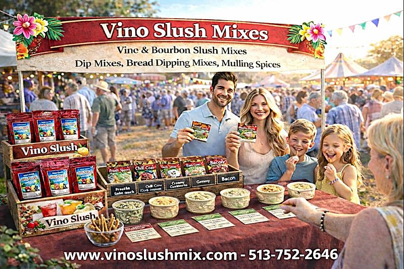 Image of booth at festival with a man and woman selling dip mixes and wine slushie mixes