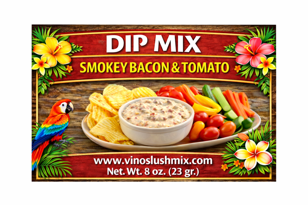 Label for a dip mix with a name of a flavor called Smokey Bacon & Tomato be mixed with sour cream and mayo