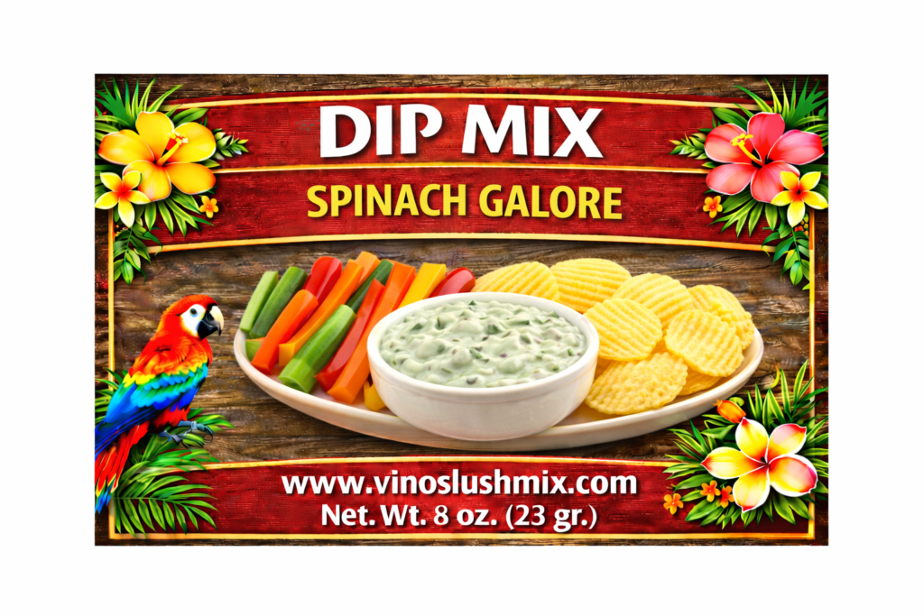 Label for a dip mix with a name of a flavor called Spinach Galore to be mixed with sour cream and mayo