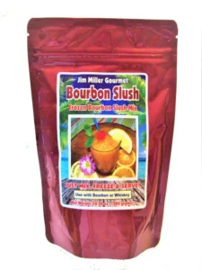 Bourbon Slush drink mix in a resealable foil pouch, tropical frozen cocktail mix packaging for summer beverages and parties.
