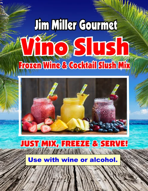 Jim Miller Gourmet Vino Slush frozen wine and cocktail slush mix package featuring colorful fruity frozen drinks, perfect for summer wine cocktails.