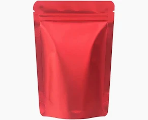 Red stand-up pouch packaging mockup with resealable zip lock, ideal for food, coffee, snack, or powdered drink product branding.